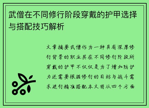 武僧在不同修行阶段穿戴的护甲选择与搭配技巧解析