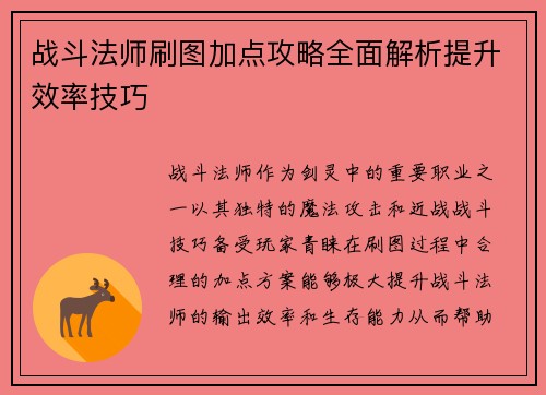 战斗法师刷图加点攻略全面解析提升效率技巧