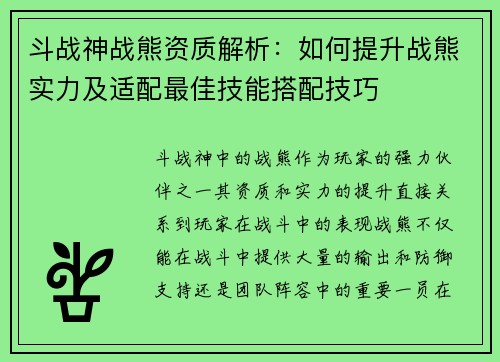 斗战神战熊资质解析：如何提升战熊实力及适配最佳技能搭配技巧